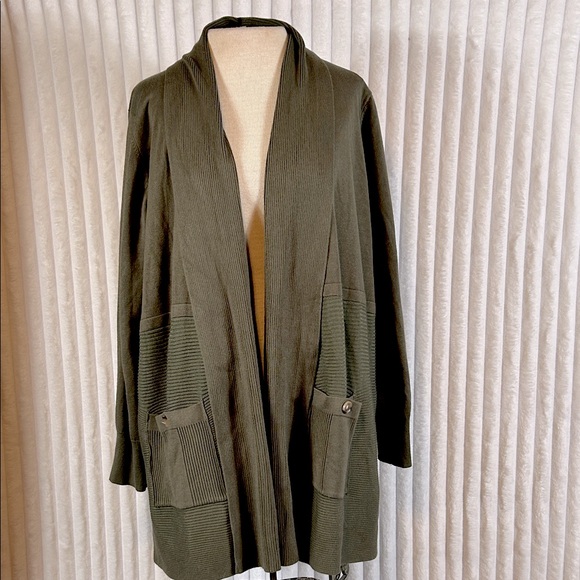 Chelsea & Theodore open front rib, trimmed cardigan sweater with pockets sz 1X - Picture 1 of 7